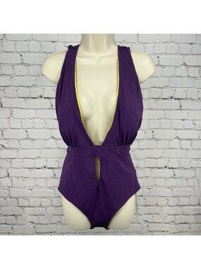 NWT A. Che Purple Gold One Piece Halter Deep V-Neck Backless Swimsuit Large L